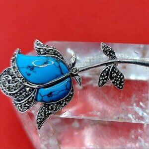 Stabilized Natural Blue Turquoise & Marcasite 925 Sterling Silver Rose‎ Brooch